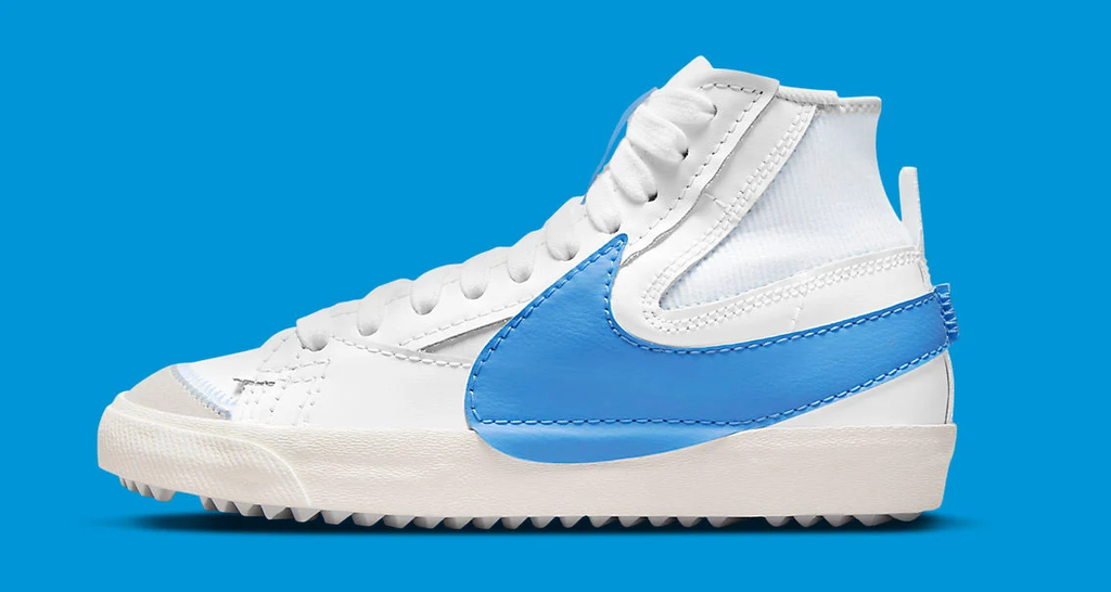 Nike ajoute des swooshes "University Blue" surdimensionnés à la Blazer Mid Jumbo.