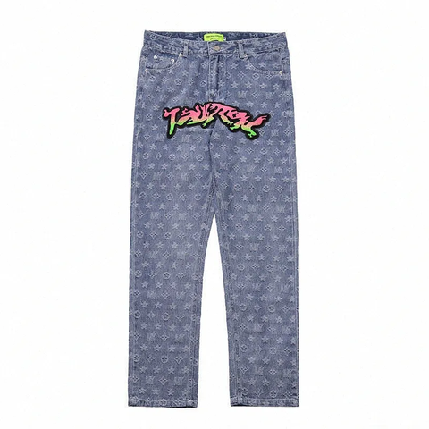 Jean streetwear monogramme avec patch tigre multicolore