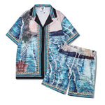 Ensemble chemise à manches courtes imprimé floral thaïlandais avec motif vagues déferlantes