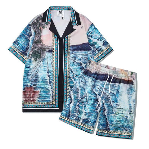 Ensemble chemise à manches courtes imprimé floral thaïlandais avec motif vagues déferlantes