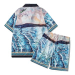 Ensemble chemise à manches courtes imprimé floral thaïlandais avec motif vagues déferlantes