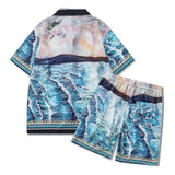 Ensemble chemise à manches courtes imprimé floral thaïlandais avec motif vagues déferlantes