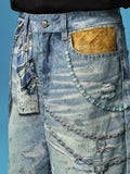 YADCREW Plaid Chain Print Denim Jorts Blue détail de l'imprimé plaid