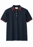 GUCCI Cotton Piqué Polo with Web Stripe Navy Blue Mix – polo bleu marine haut de gamme