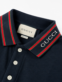 GUCCI Cotton Piqué Polo with Web Stripe Navy Blue Mix – détail de la rayure Web