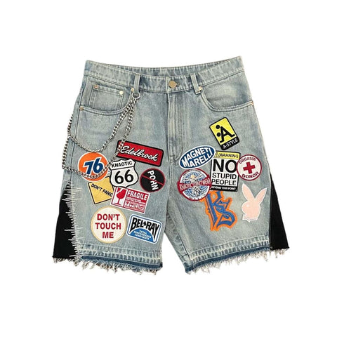 Short en Jean Patchwork Streetwear Vintage Bleu Clair