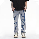 Y2K Streetwear Men's Jeans - Wavy Striped Baggy Trousers, Straight Fit, Ripped Denim