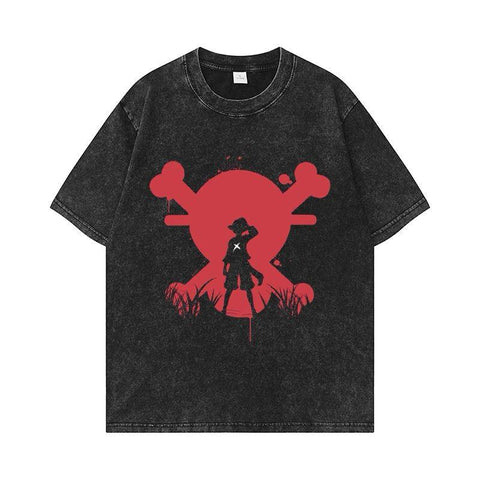 One Piece Skull Acid Wash Oversized T-shirt Noir