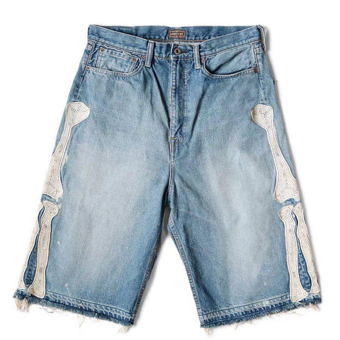 Short en Jean Skeleton Patchwork Bleu Clair