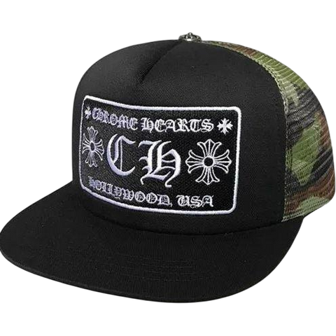 Chrome Hearts CH Hollywood Black Camo Trucker Cap